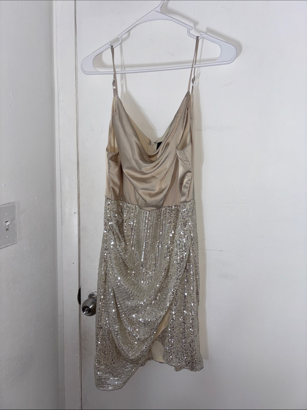DO+BE Champagne Sequin Draped Slip Dress